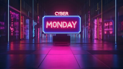 Neon Cyber Monday Sign in a Futuristic Cityscape