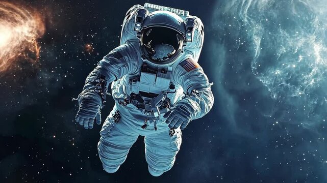 An astronaut floats in space, surrounded by stars and a swirling nebula