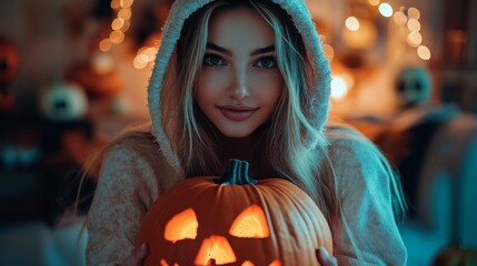 Naklejka premium Halloween Night with Hooded Girl Holding Glowing Jack-O-Lantern