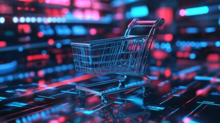 A Shopping Cart on a Neon-Lit Digital Surface