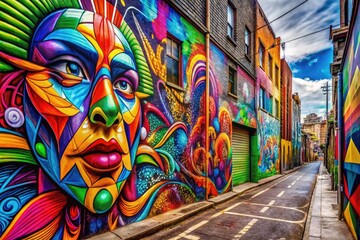 Fototapeta premium Colorful Urban Graffiti Mural with Abstract Patterns and Designs in a Vibrant Street Art Style
