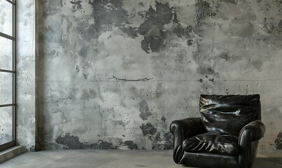 Modern loft interior with black armchair and plant