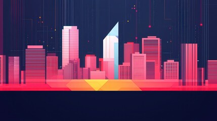 Fototapeta premium Modern City Skyline Illustration Pink and Blue Buildings with Geometric Design
