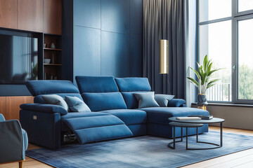 Dark blue sofa and recliner chair in scandinavian apartment. Interior design of modern living room.