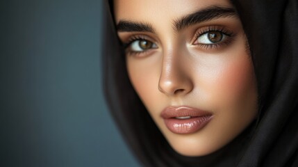 Close-up of a Woman's Face with Brown Eyes and a Black Scarf