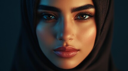 Naklejka premium Close-up Portrait of a Woman Wearing a Hijab, Illuminated by Colored Lights