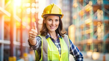 Confident woman in safety vest and helmet giving a thumbs up gesture in a construction setting
