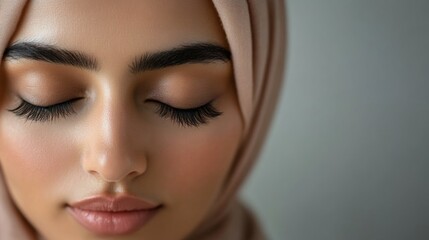 Fototapeta premium Close-up of a Woman's Face with Eyes Closed and Wearing a Headscarf