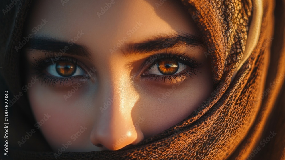 Canvas Prints Close-up Portrait of a Woman's Eyes with a Brown Scarf