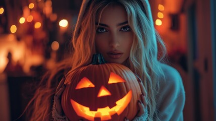 Halloween Night with Hooded Girl Holding Glowing Jack-O-Lantern