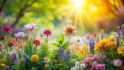 Fototapeta premium A vibrant meadow filled with a colorful array of blooming flowers bathed in the warm glow of the setting sun.