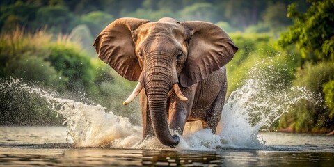 The Majestic Giant Charges Through a Splashing Stream, Its Trunk Raised High and Its Powerful Form a Symphony of Strength and Grace