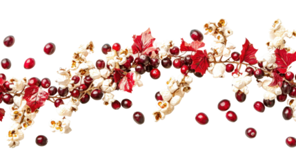Holiday garland made of popcorn and cranberries on white background