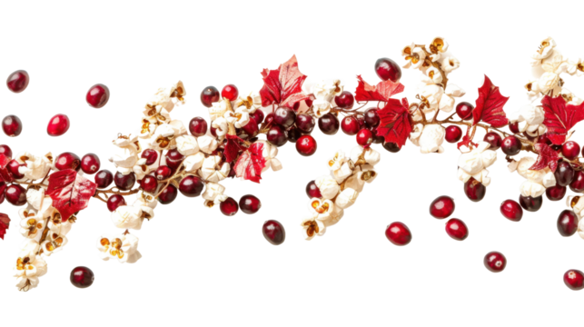Holiday garland made of popcorn and cranberries on white background