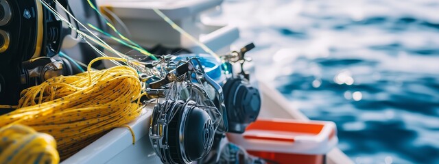 Fishing equipment and colorful lines on a boat in bright sunlight near the open sea during a calm day