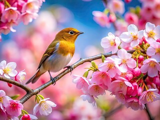 Delicate Cherry Blossom Branch with a Colorful Bird Perched Amidst Spring Blooms in Nature's Beauty