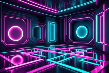 Futuristic 3D rendering illustration of geometry background with a neon blue -purple or ultraviolet neon lights, glowing lines , showcasing a cyberpunk style empty room interior design