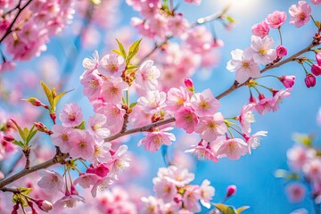 Obraz premium Delicate Cherry Blossom Twigs with Soft Pink Flowers Against a Clear Blue Sky in Springtime Glow