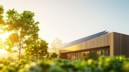 Fototapeta premium Sustainable Modern House with Solar Panels in Green Landscape
