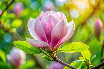 Fototapeta premium Delicate Magnolia Flower Bud Ready to Bloom Showcasing Soft Petals and Lush Green Foliage Background