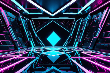 Futuristic 3D rendering illustration of geometry background with a neon blue -purple or ultraviolet neon lights, glowing lines , showcasing a cyberpunk style empty room interior design