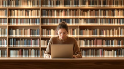 Young Woman Studying on Laptop in Library