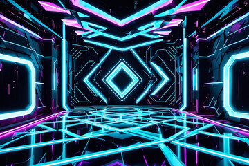 Futuristic 3D rendering illustration of geometry background with a neon blue -purple or ultraviolet neon lights, glowing lines , showcasing a cyberpunk style empty room interior design