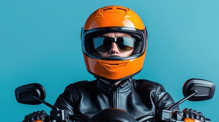 Motorcycle Rider Portrait with Orange Helmet and Sunglasses