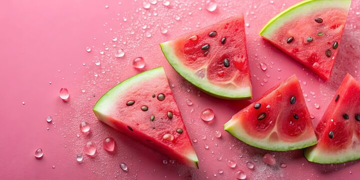 Sliced watermelon with water droplets on a pink background, a refreshing summer treat
