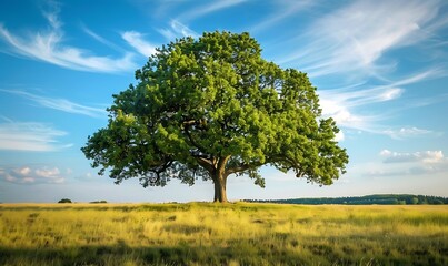 Fototapeta premium Oak tree in a field on a background of blue sky with clouds