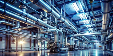 Fototapeta premium A network of metallic pipes and industrial machinery in a large industrial facility, illuminated by overhead lights