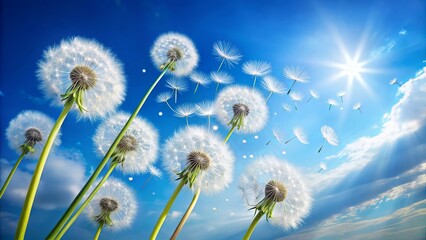 Obraz premium Dandelion Wishes Floating in the Summer Sky, A Symphony of Seeds Released on a Sunny Day