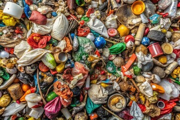 Fototapeta premium Detailed Garbage Texture Featuring Various Waste Materials for Background and Design Applications