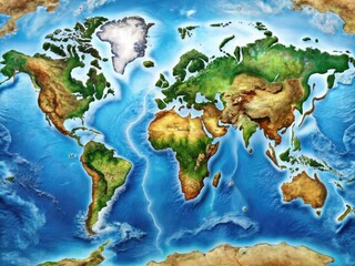 Detailed Geography Graphic Featuring World Map, Continents, Oceans, and Geographical Features Overview