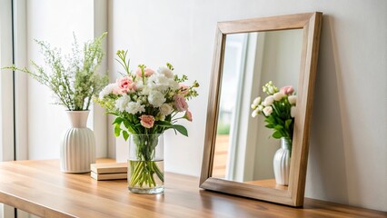 A wooden framed mirror reflects a vase of flowers on a wooden table, the table also holds a bouquet of flowers in a glass vase, books, and a vase with green stems