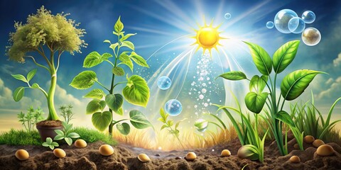 Obraz premium Detailed Illustration of Photosynthesis Process in Plants with Sunlight, Water, and Carbon Dioxide