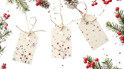 Holiday gift tags with string on white background