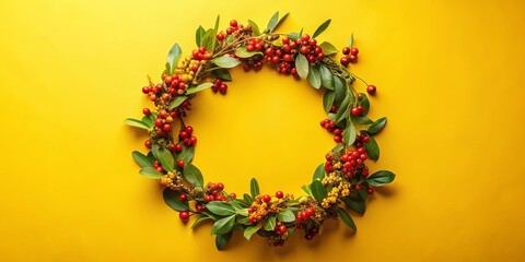 A vibrant wreath of green foliage adorned with clusters of scarlet berries, creating a festive circle against a bright yellow backdrop.