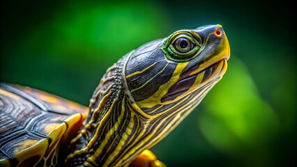 Obraz premium A close-up portrait of a turtle's head, revealing intricate patterns on its shell and a curious gaze with a vibrant green eye.