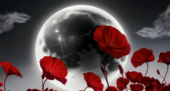 A dramatic, oversized, bright grayscale full moon, radiating an intense luminescence, occupies the majority of the night sky, set against a stunning backdrop of vibrant, velvety red flowers