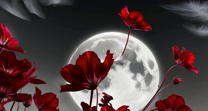 A dramatic, oversized, bright grayscale full moon, radiating an intense luminescence, occupies the majority of the night sky, set against a stunning backdrop of vibrant, velvety red flowers