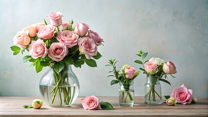 Obraz premium Delicate pink roses arranged in varying sizes of glass vases on a rustic wooden table against a soft blue textured backdrop.