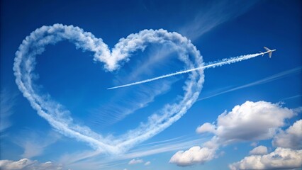 Naklejka premium A Heart-Shaped Cloud Trail Created by an Airplane in a Bright Blue Sky with Puffy White Clouds