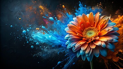 A single flower blooms against a backdrop of blue and orange paint explosions, a vibrant testament to nature's beauty and the artistic power of color.