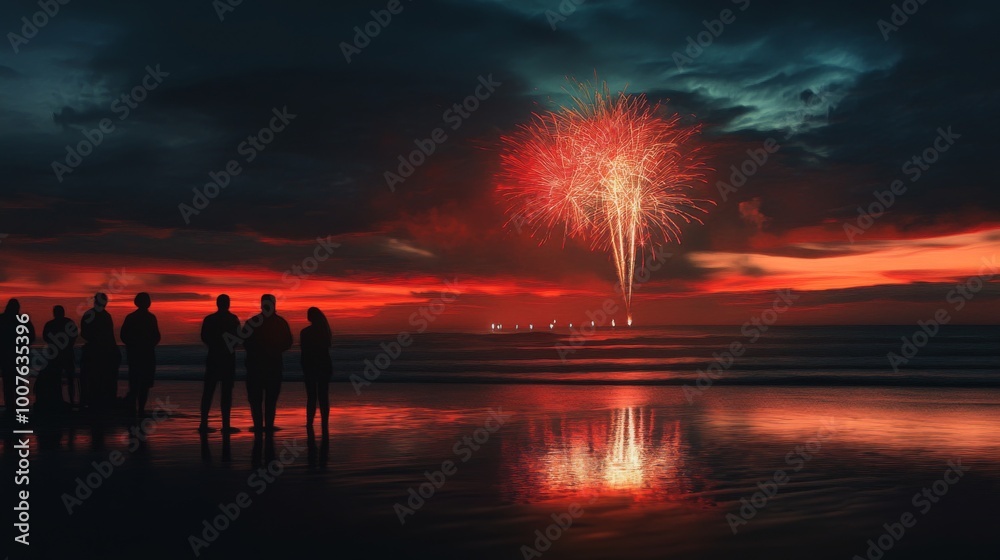 Poster Silhouetted Figures Watching Fireworks Over the Ocean at Sunset