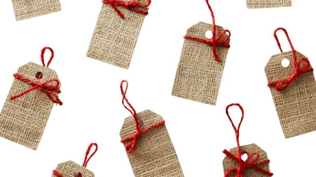 Holiday gift tags with string on white background