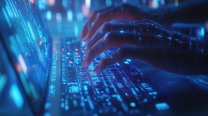 Hands typing on a glowing keyboard with data overlay.