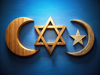 Diverse Symbols Representing Major Abrahamic Religions: Judaism, Christianity, and Islam Unity