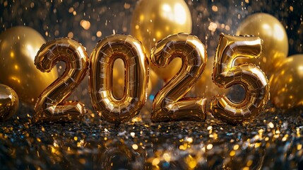 Golden Balloon Numbers 2025 with Blurred Background