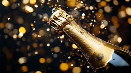 Golden Champagne Bottle with Confetti and Bokeh Lights